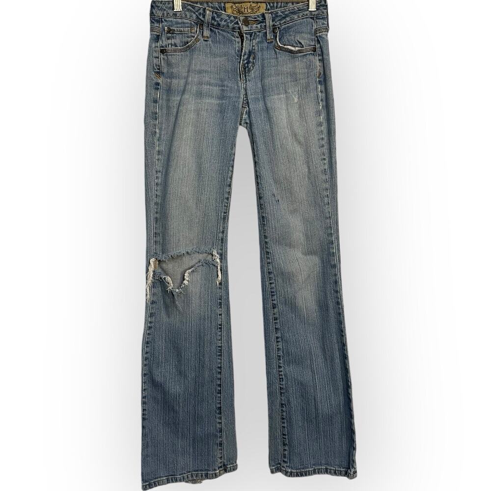 Hint Boot Cut Jeans Women's 1 Juniors Blue Embroidered Pockets Faded Busted Knee